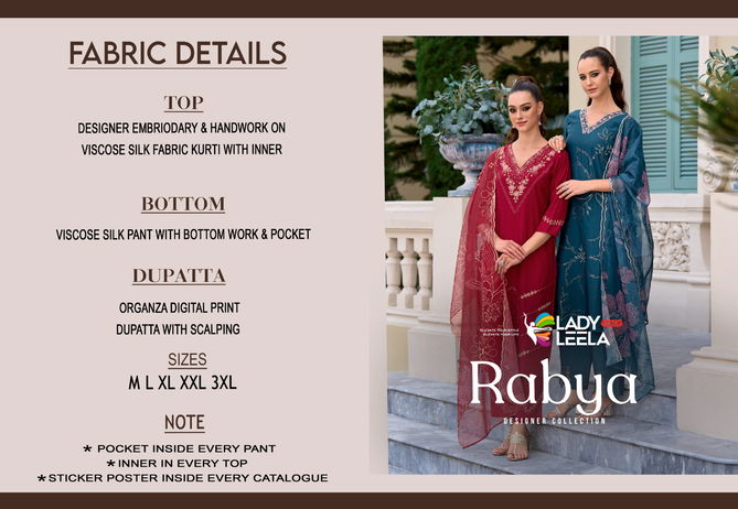 Rabya By Lady Leela Silk Embroidery Kurti With Bottom Dupatta Wholesale Market In Surat
